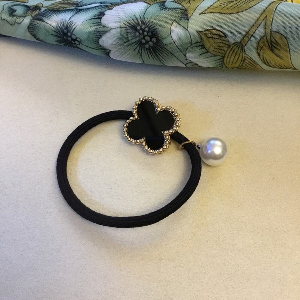 Black & Matte Gold Flower & Pearl Hair Tie - Picture 2 of 4